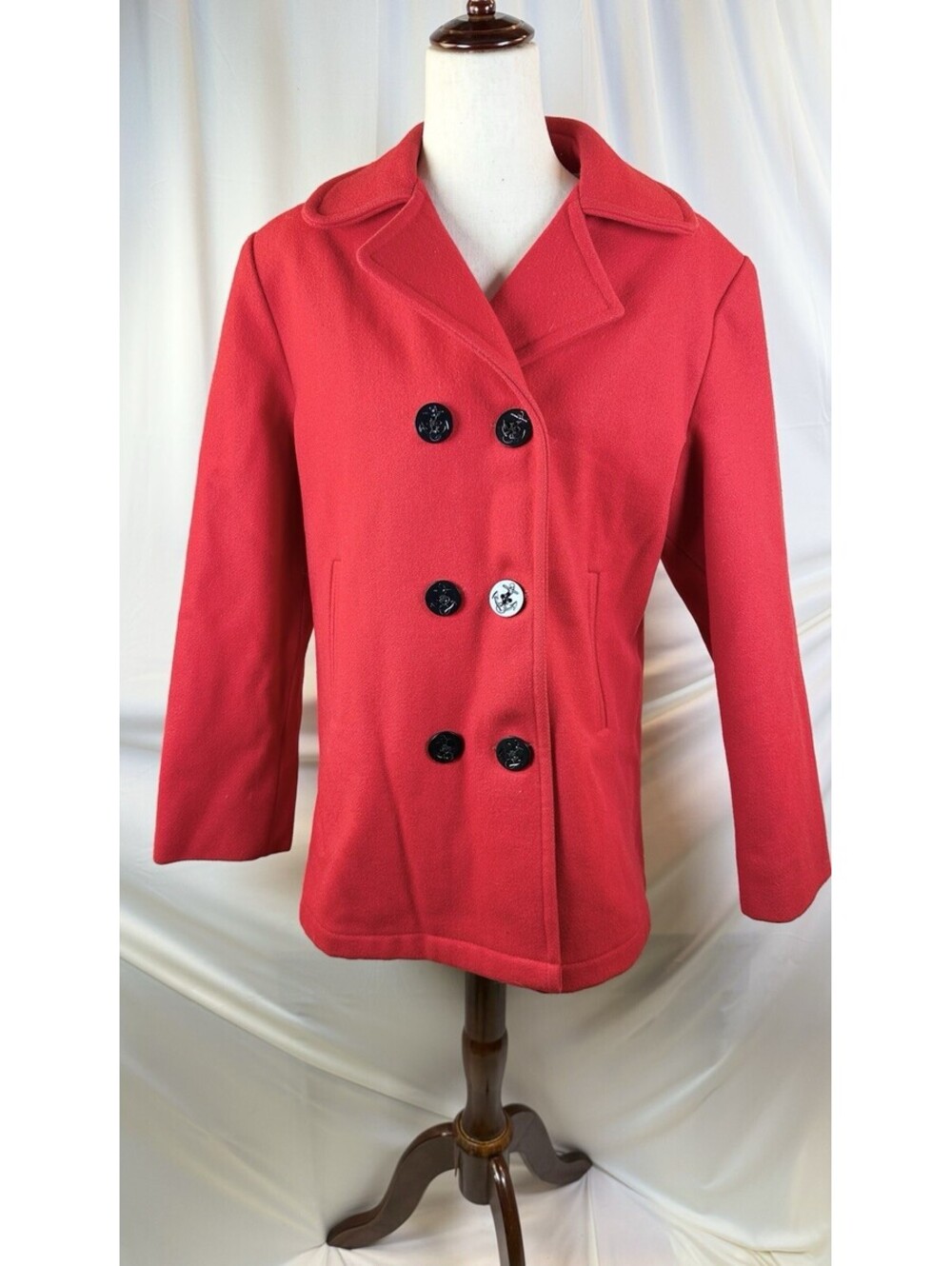 Lands' End 100% Wool Jacket Women's Red Double Breasted Vintage Anchor Sz 14